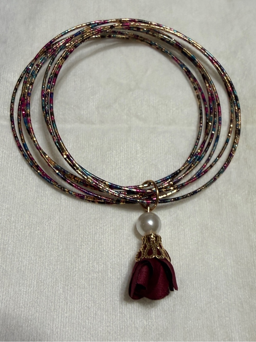 Elegant Multicolor Bangle Bracelet with Maroon Rose Charm
